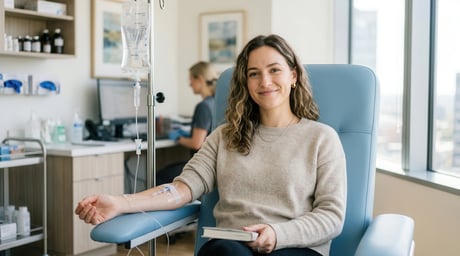 Smiling woman receiving IV treatment in a modern medical clinic, holding a book.