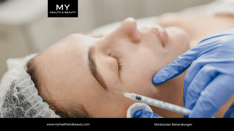Woman receiving a cosmetic injection in her forehead from a gloved hand.