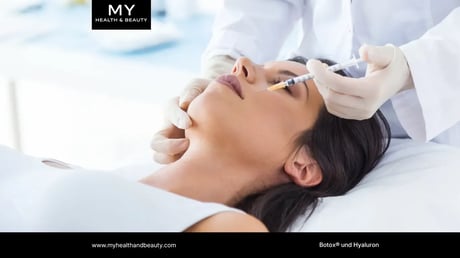 Woman receiving a cosmetic injection near her eye by a medical professional.