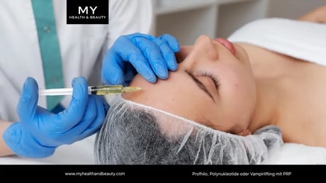 Person injecting a woman's forehead with a syringe for a cosmetic procedure.