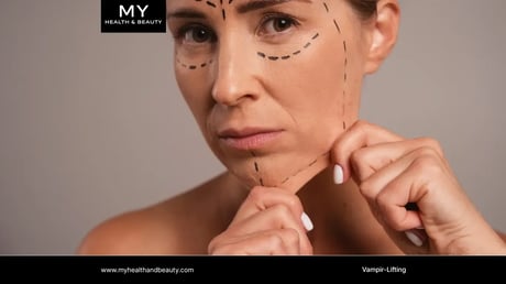 Woman's face with cosmetic surgery markings, pulling jawline skin to illustrate a facelift.