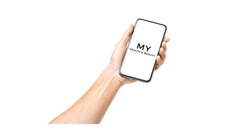 Hand holding smartphone displaying 'MY vagus for a healthy' text on its screen.